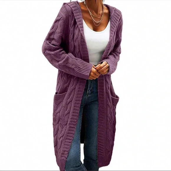 Luxe Cable Knit Long Sleeve Sweater Cardigan Open Front Pocket Hooded Hood - Picture 3 of 16